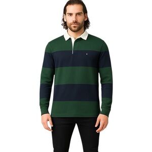 Tommy Hilfiger Rugby Shirt Green Navy Striped Size Large